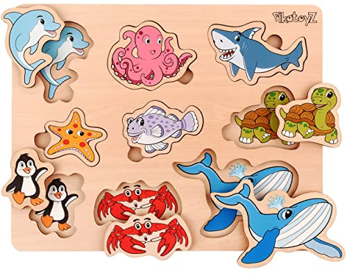 PikatoyZ® Wooden Jigsaw Puzzle with Sea Animals – Educational Montessori Toy for 1 to 3 Year Olds – Gift for Boys and Girls – Travel Puzzle for Toddlers