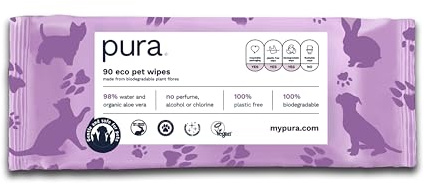 Pura Lingettes Nettoyantes Pour Animaux et Chiens, 90 Lingettes (1 Paquet), 100% Sans Plastique, Extra Larges, Idéales pour le Toilettage et le Nettoyage, Sans Parfum, Végétaliennes