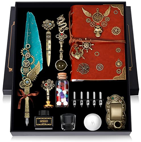 MPRINCE Quill Pen Ink Set Leather Notebook With Quill Pen, Notebook, 5 Replaceable Nibs, Seal Stamp, Spoon, Wax Beads, White Wax, Ink, Pen Holder, Cup, Envelope(green)