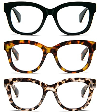 MMOWW Gafas de lectura de gran tamaño, paquete de 3 para mujer, bloqueo de luz azul con bisagra de resorte, lectores de computadora, damas +2.5