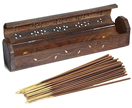 VR Angel Wooden Incense Stick Holder Storage Box With 10-15 Incense Sticks, Handmade Brown Coffin Box, Ash Catcher With Brass Inlay, Perfect for Any Occasion (Liana Design)