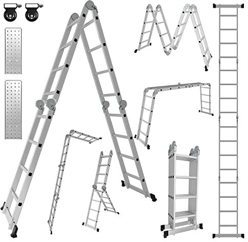 Ikodm Escalera Multiusos de 4 x 4 peldaños, 4,7 m, 7 en 1, de Aluminio, hasta 150 kg, con 2 Ruedas de Transporte y 2 Plataformas, Escalera articulada Plegable