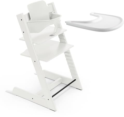 Stokke Tripp Trapp High Chair (White) with Stokke Tray (White) - Includes Tripp Trapp Chair & Baby Set 2 for Children 6-36 Months - Adjustable, Ergonomic & Easy to Clean