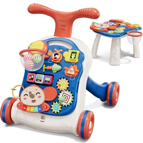 QDRAGON 3 in 1 Lauflernwagen, Baby Lauflernhilfe Mit Regulierbarer Geschwindigkeit, Baby Spiel Gehhilfe Mit Abnehmbarem Spielboard, Baby Walker Für Kinder Von 12-36 Monaten, Blau