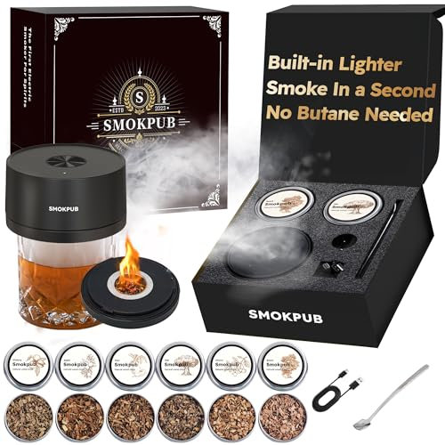 SMOKPUB Electric Whiskey Smoker Kit Built-in Lighter, No Butane Needed, Cocktail Smoker Kit with 6 Wood Chips, Old Fashioned Drink Smoker Kit, Bourbon Whiskey Gifts for Men,Dad,Husband