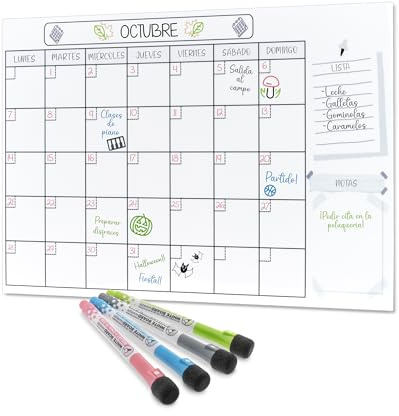 RE® Calendario Magnético Nevera Tamaño A4 + 4 Rotuladores | Pizarra Magnética Nevera con Planificador Mensual y Semanal | Organizador para Planificar Tareas, Menú y Lista de la Compra