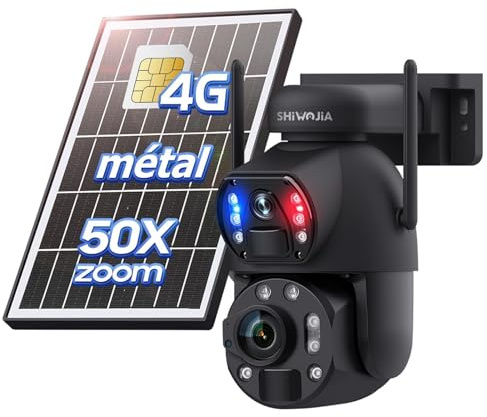 SHIWOJIA 4G LTE Caméra Solaire en Métal【Double Objectif】 avec Carte Sim, 12000mAh 50X Camera Extérieure sans Fil, Détection de Personne 6MP Inclinable 355°/100°, 50M Vision Nocturne IP66