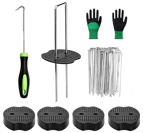 Lifhety 50 Picchetti per Telo Pacciamatura + 50 Rondelle Tampone con Gancio e Guanti, Picchetti Ancoraggio Giardino per Telo Pacciamatura Verde, Tenda, Prato, Erba Artificiale, Campeggio Accessori