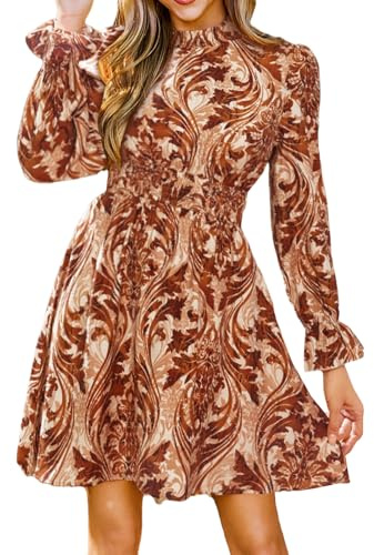 CUPSHE, vestito da donna, a maniche lunghe, con scollo alto, a fiori, miniabito casual, per il tempo libero, tunica per feste, marrone, M
