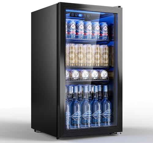 TRIUMPHKEY 90L Mini-Kühlschrank mit Glasfront (Glastür), Kompakter Getränkekühlschrank für bis zu 128 Dosen, mit verstellbaren Regalen für Bier, Wein, Soda, Ideal für Haushalt, Bar, Büro, Wohnung