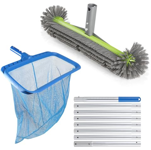 EFUTURETIME 3 Piezas Set de Limpieza para Piscinas, 43cm Cepillo Limpieza Piscina Redondo con 2,7m Mango Telescópico Aluminio, Recogehojas Piscina para SPA, Piscinas de Vinilo, Baños