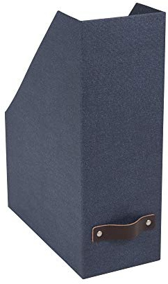 Bigso Box of Sweden Archivador vertical para periódicos, revistas y actas – Práctica caja clasificadora de tablero de fibras y papel con aspecto de lino – Revistero archivador rígido y con asa – azul