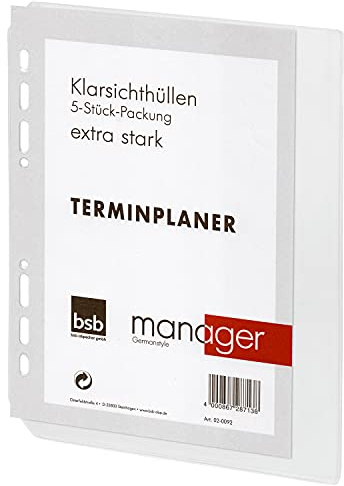 BSB Ersatzeinlage Klarsichthüllen, ca. A5, 6-Fach Lochung - für BSB Manager Terminplaner Organizer, 02-0092