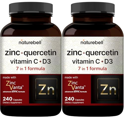 NatureBell Zinc Quercetin with Vitamin C & D3, 480 Capsules (2 Pack) | Quercetin 1,000mg + Zinc 50mg + Vitamin C 250mg + Vitamin D3 5,000 IU | 4-in-1 Advanced Immune & Lung Support | ZincVanta Formula