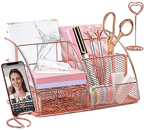 Desk Tidy Organiser Set, NETUME Rose Gold Desk Accessories with Pen Holder/Phone Stand/Photo Holder/Pen Pot for Women Girl Desktop Storage, Metal Stationery Organisers for Office Home School Supplies