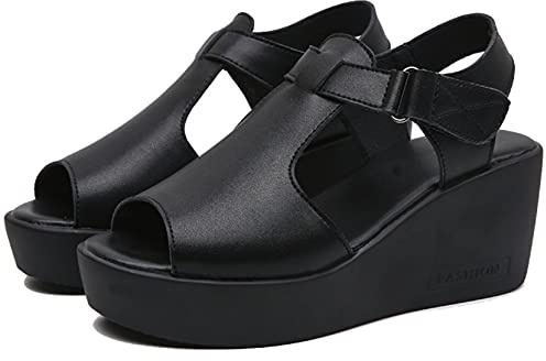 Generic7 Sandalias de cuña para Mujer, Color sólido, Barra en T, Correa para el Tobillo, Gancho, Peep-Toe, Slingback, Estilo Simple, Zapatos de Plataforma Antideslizantes