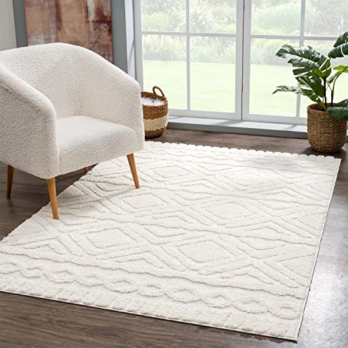 carpet city Teppich Wohnzimmer Hochflor Creme - 160x230 cm - Rauten Hochtief-Muster, 3D-Effekt - Bettvorleger Schlafzimmer Teppiche Boho, Skandi