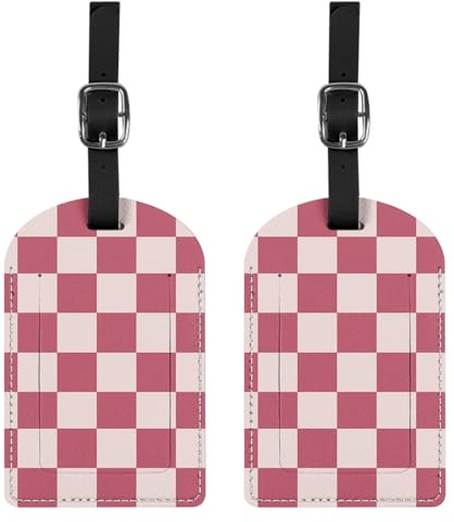 BHAHB 2 Pack Luggage Tag Luggage Tags PU Leather Suitcase Tags Aesthetic Cute Travel Bag Labels for Women Girls (P12-Pink Checkered)