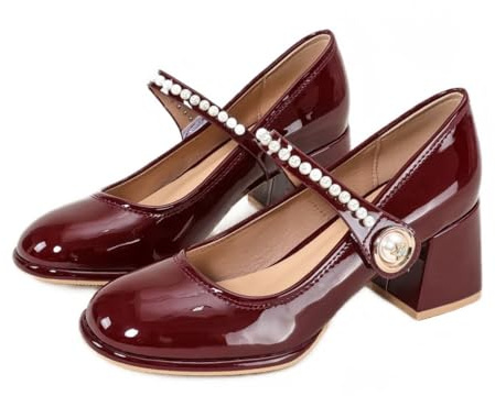 ANUFER Mujer Retro Tacón de Bloque Medio Mary Janes Charol Hebilla de Perlas Zapatos de Vestir SD5A1228 Borgoña EU38.5