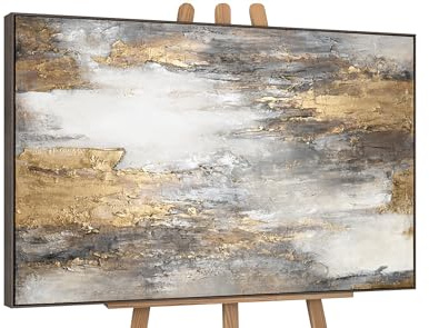 YS-Art Quadro Astratto Moderno Oro e Beige Dipinto a Mano con Texture Materica su Tela per Camera da Letto Spa Studio Luxury 180x120 cm