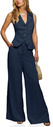Cicy Bell Womens Vest Sets Summer 2 Piece Outfits Button Crop Blazer Vest and Wide Leg Pant Suits Navy