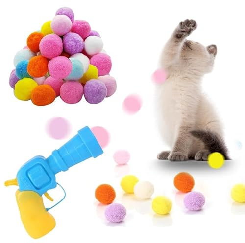 20 pezzi Giocattoli di lanciatore di palline per gatti Interattivi Giocattoli per Gatti Palline Pompon con 1 lanciatore e 20 Palle pompon morbide colorate giocattolo divertente per animali domestici