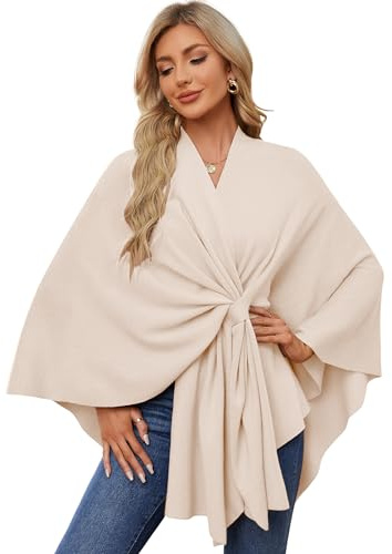 PULI Poncho elegante de punto para mujer, capa que se abre por delante, chal envolvente versátil con solapa, beige, Talla única