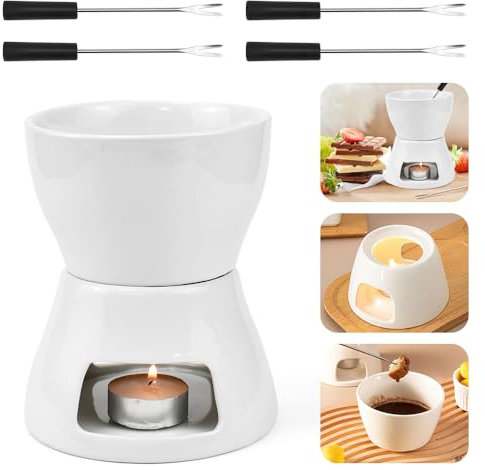 GZCZCC Fondue de Chocolate Vela 400ml Fondue de Chocolate Ceramica por 200 g Chocolate/Queso Derretido Set de Fondue 4 Personas para Familias o Grupos de 4 + 4 Tenedores de Fondue de Acero Inoxidable