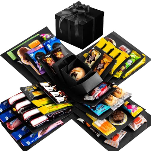 Pasdrucn DIY Explosion Gift Box, 5 Layer Snack Explosion Box with tape and ribbon, Scrapbooking Boxes, photo album, Photo Gifts, Creative Explosion Boxes for Anniversary,Birthday,Valentine's Day(Black