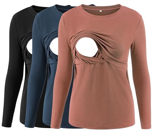 Love2Mi Confezione da 3 magliette da allattamento da donna a coste, a doppio strato, per maternità, nero/blu reale/rosso rame, S