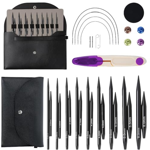 Mini korta runda sticknålar set utbytbar, med 9 par 5 cm korta sticknålar 3–6 mm diameter och 4 snören 20–40 cm lång och väska och tillbehör, set med virkade nålar i aluminium, utbytbara sticknålar