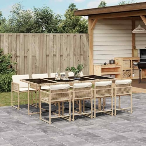 Frdhee Muebles de terraza para balcón, grupo de asientos, 9 piezas, conjunto de comedor de jardín con cojín beige de poliratán, grupo de asientos al aire libre para balcón y jardín, fácil de montar