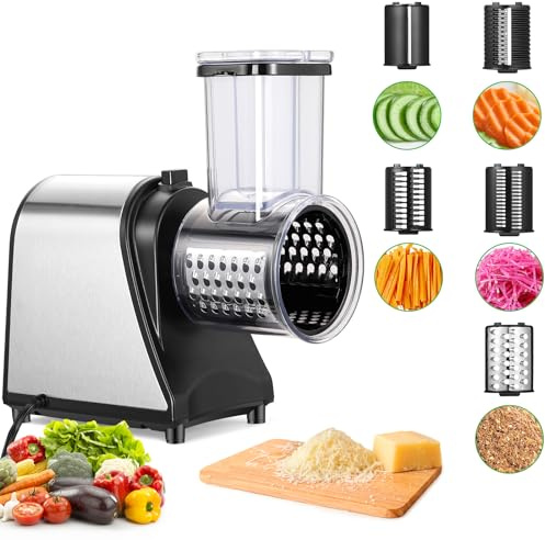 Grattugia Elettrica per Formaggio 250W & Tagliaverdure - Affettatrice 5 in 1 con Lame per Verdure, Frutta e Formaggio | Funzionamento One-Touch & Facile da Pulire