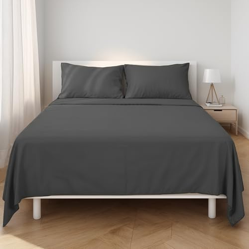 Etrexonline Juego de Sábanas 4 Piezas Cama 135 cm - Microfibra Ultra Suave Incluye 1 Bajera Ajustable 135x200+30 cm, 1 Encimera 210x270 cm, y 2 Fundas de Almohadas 50x70 cm - Color Gris Oscuro Liso