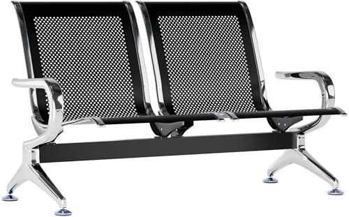 CLP Wartebank Airport, Sitzbank mit Metallgestell in Chromoptik, robuste Wartestühle mit Rückenlehne und Armlehnen, Farbe:schwarz, Größe:2-Sitzer