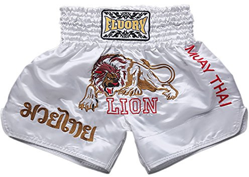 FLUORY Short Muay Thai,Haute Qualité Short Boxe Thaï Short MMA Kick Boxing pour Femme Homme Enfant Compétition D'entraînement de Combat,S,4MTSF01-Blanc