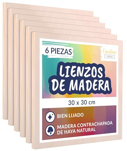 Creative Deco Lienzos Madera para Pintar Acrílico | Set de 6 Piezas | 30 x 30 cm Tableros | Canvas Paneles de Contrachapado | Ideal para Decorar, Grabar, Decoupage, Manualidades y Proyectos Artísticos