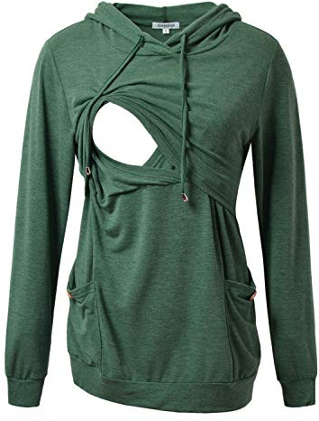 GINKANA Maternity Nursing Hoodie Breastfeeding Long Sleeves Shirt for Women,Green,L