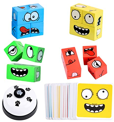 LADVATKIN Wooden Face Changing Magic Cube Game with Bell, Puzzle Building Expression Pattern Matching Blocks Toy for Kids and Adults, Educational Fun for Family Night
