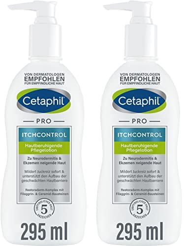 CETAPHIL PRO ItchControl Hautberuhigende Pflegelotion, 2 x 295ml, Für zu Neurodermitis & Ekzemen neigende Haut, Lindert juckende, gereizte Haut, Mit Sheabutter, Filaggrin- und Ceramid-Bausteinen