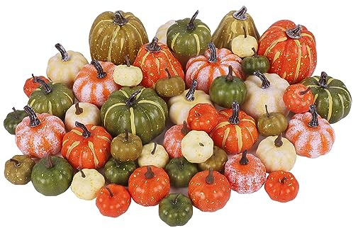 winemana 46 Pcs Assorted Size Artificial Pumpkins Fall Decorations, Mixed-Color Foam Pumpkin Autumn Decor, Decorative Faux Pumpkin for Thanksgiving Table Centerpiece Mantle Bowl Wedding Party