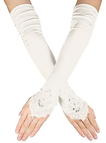 SAVITA Gants Longs en Dentelle, Doux Gants Dentelle Sans Doigts, Gants d'Opéra, Gants de Longueur de Coude, Gants Long en Satin Gants de Mariée pour Mariage, Thé, Mascarade(Crème-Blanc)