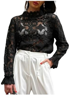FRESQA Blusa de Encaje con Bordado de Jacquard Blanco para Mujer, Jersey Transparente con Cuello Redondo y Top Calado, Camisa de Oficina de Manga Larga para otoño 2024