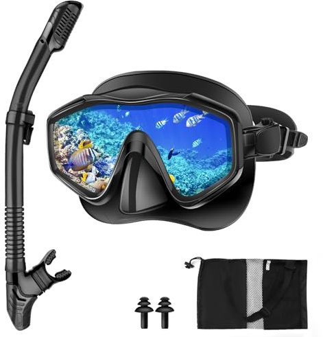 Immver Snorkel Set Adults, with Anti-Fog Panoramic View Snorkel Mask Made of Tempered Glass and Anti-Leak Dry Snorkel Tube, Diving Snorkeling Set for Adult and Youth