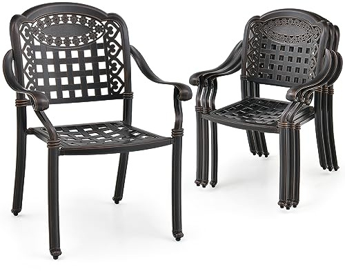 KOMFOTTEU Juego de 2 Sillas de Jardín de Aluminio Fundido, Sillas de Terraza Apilables con Reposabrazos, Sillones de Comedor Exteriores con Carga 165 kg, Sillas de Metal para Patio, Terreza (Bronce)