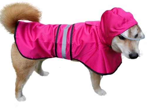 Dog Raincoat Waterproof Reflective Slicker - Lightweight Breathable Hooded Poncho Rain Coat Jacket with Adjustable Belly Strap and Leash Hole for Small Medium Large Dogs (Pink, Medium)