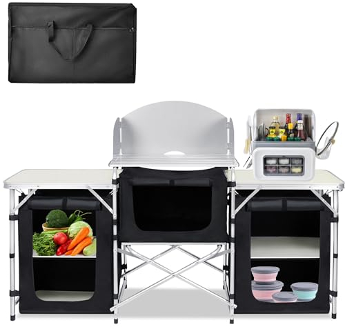 PEILU Campingschränke Outdoor Faltbare Campingküche aus Aluminiumgestell, Waschbare Oxford-Stoff & MDF Platten Mobile Zeltschrank Küchenbox mit Tragtasche für Reise Strand Camping (5 Ablageflächen)