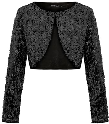 MINTLIMIT Strickjacke Damen Kurz Pailletten Cardigan Langarm Bolero Casual Oberteil Jacke Haken (Schwarz M)