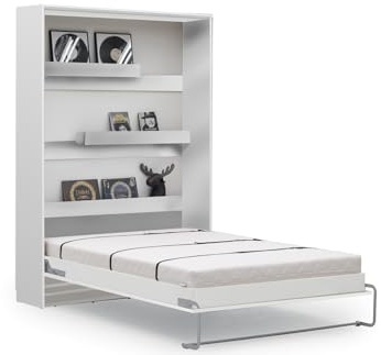 PHANTOM Vertical Murphy Bed with Desk & Wardrobes - Folding Bed, Space-Saving Multifunctional Fold Up Bed for 140 cm Mattress, Smooth Gas Struts, Laminated Finish in White Gloss Color