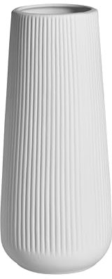 AVENDO Weiße Keramik Vase – Moderne Designvase in edlem Mattweiß und zeitlosem matt-rauem Finish, geriffelte Vase für Wohnzimmer Deko, Blumenvase 20cm, Deko Aesthetic (konisch)